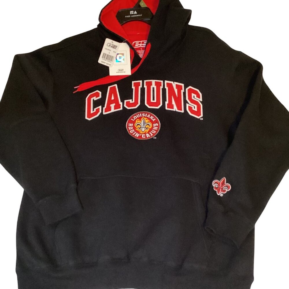 Ragin Cajuns LG Black Hoodie Pockets Embroidered Patch Logo E5USA New w Tags